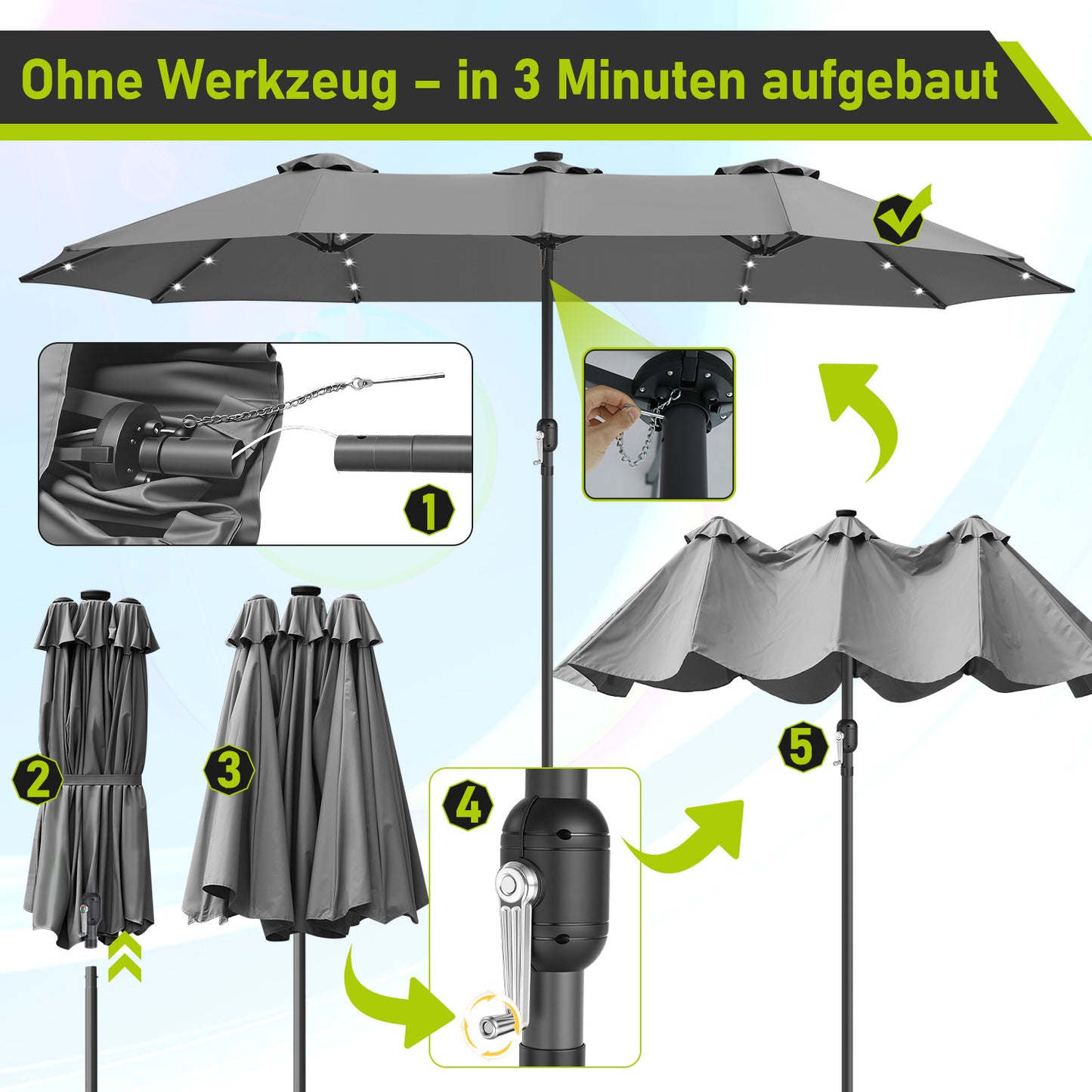 Hengda Sonnenschirm, Kurbelschirm, mit LED Solar, Terrassenschirm ohne Ständer