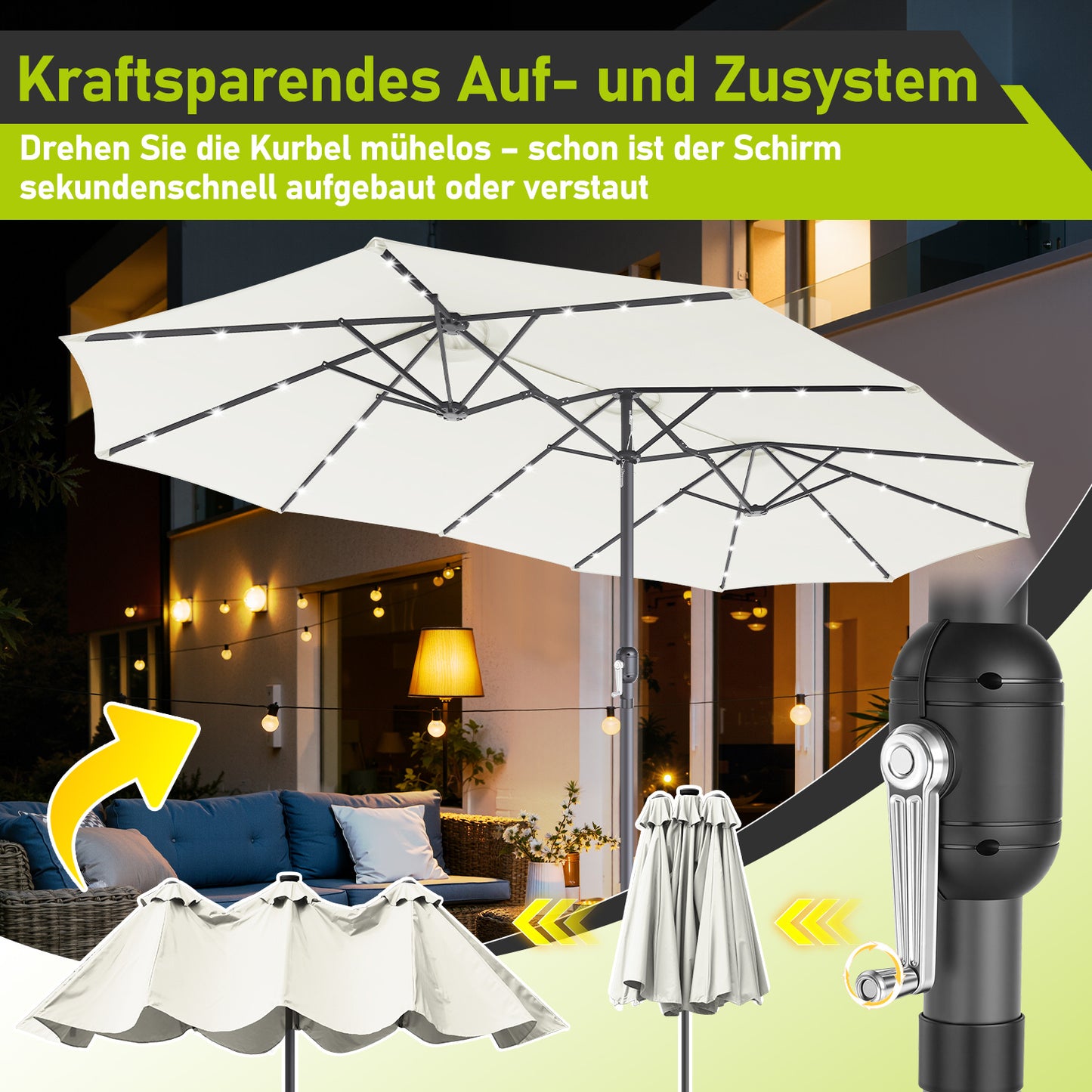 Hengda Sonnenschirm, Kurbelschirm, mit LED Solar, Terrassenschirm ohne Ständer