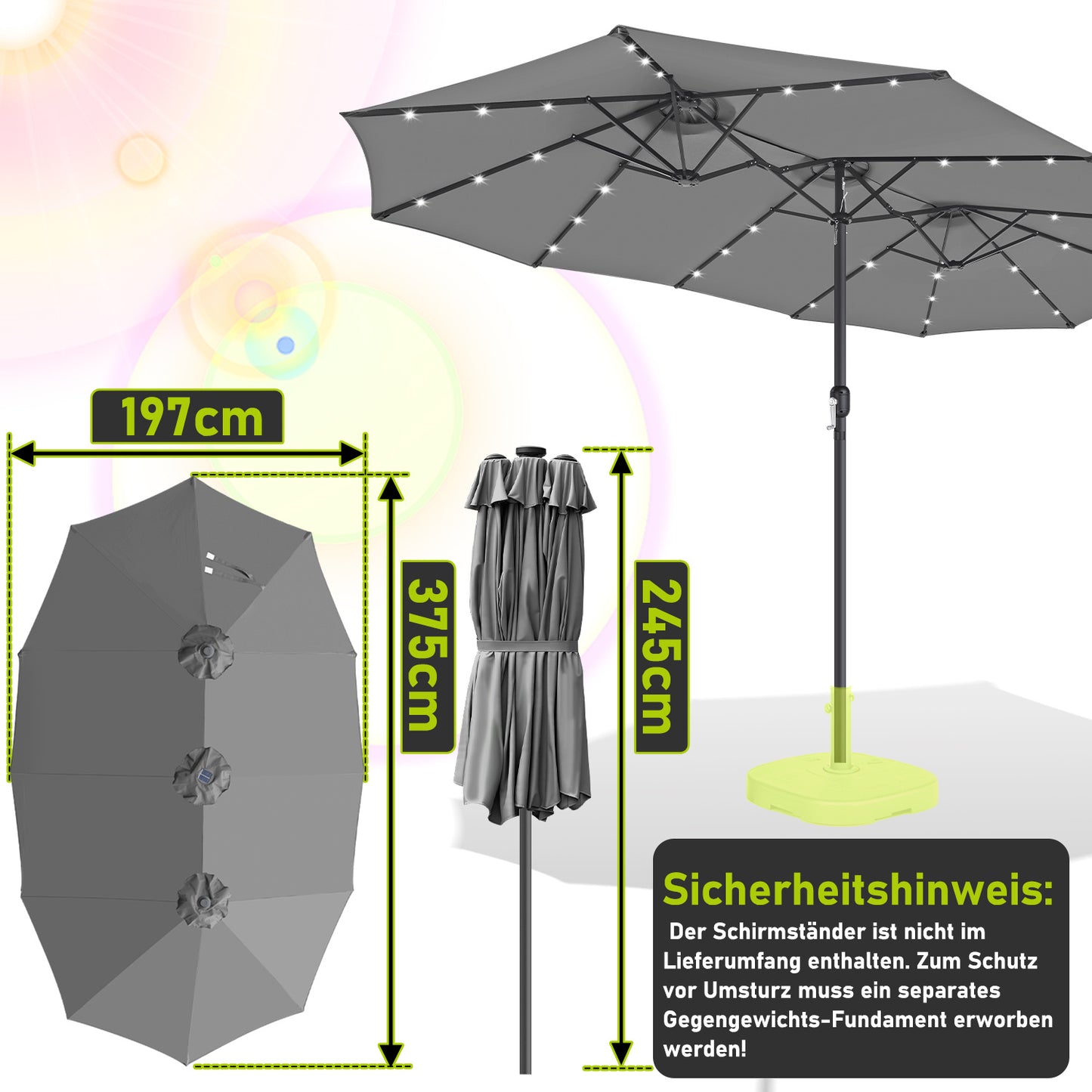 Hengda Sonnenschirm, Kurbelschirm, mit LED Solar, Terrassenschirm ohne Ständer