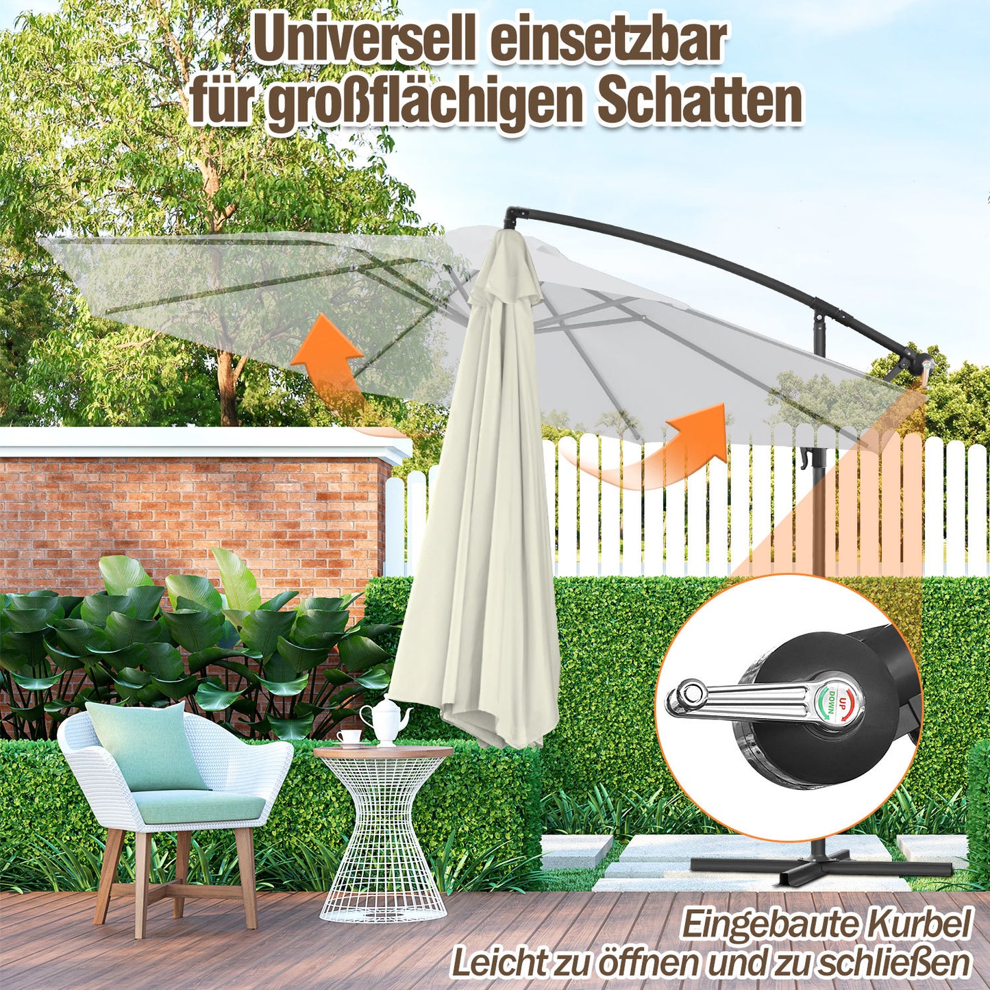 Hengda Sonnenschirm 300/350 cm mit Kurbelvorrichtung, Ampelschirm UV-Schutz, Gartenschirm