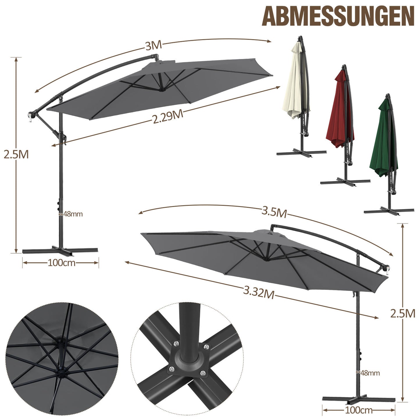 Hengda Sonnenschirm 300/350 cm mit Kurbelvorrichtung, Ampelschirm UV-Schutz, Gartenschirm