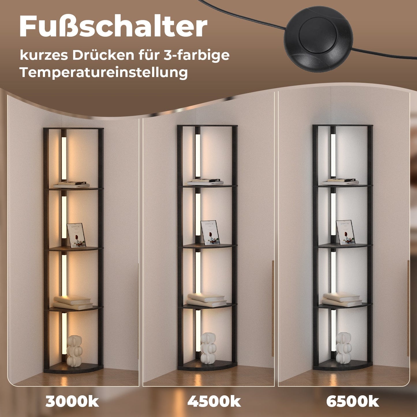 Hengda Stehlampe mit Holzregal, Bücherregal mit LED-Beleuchtung, 360° Drehbare RGB LED Stehleuchte Wohnzimmer, 3 Farbtemperaturen, 20W & 163 cm Höhe