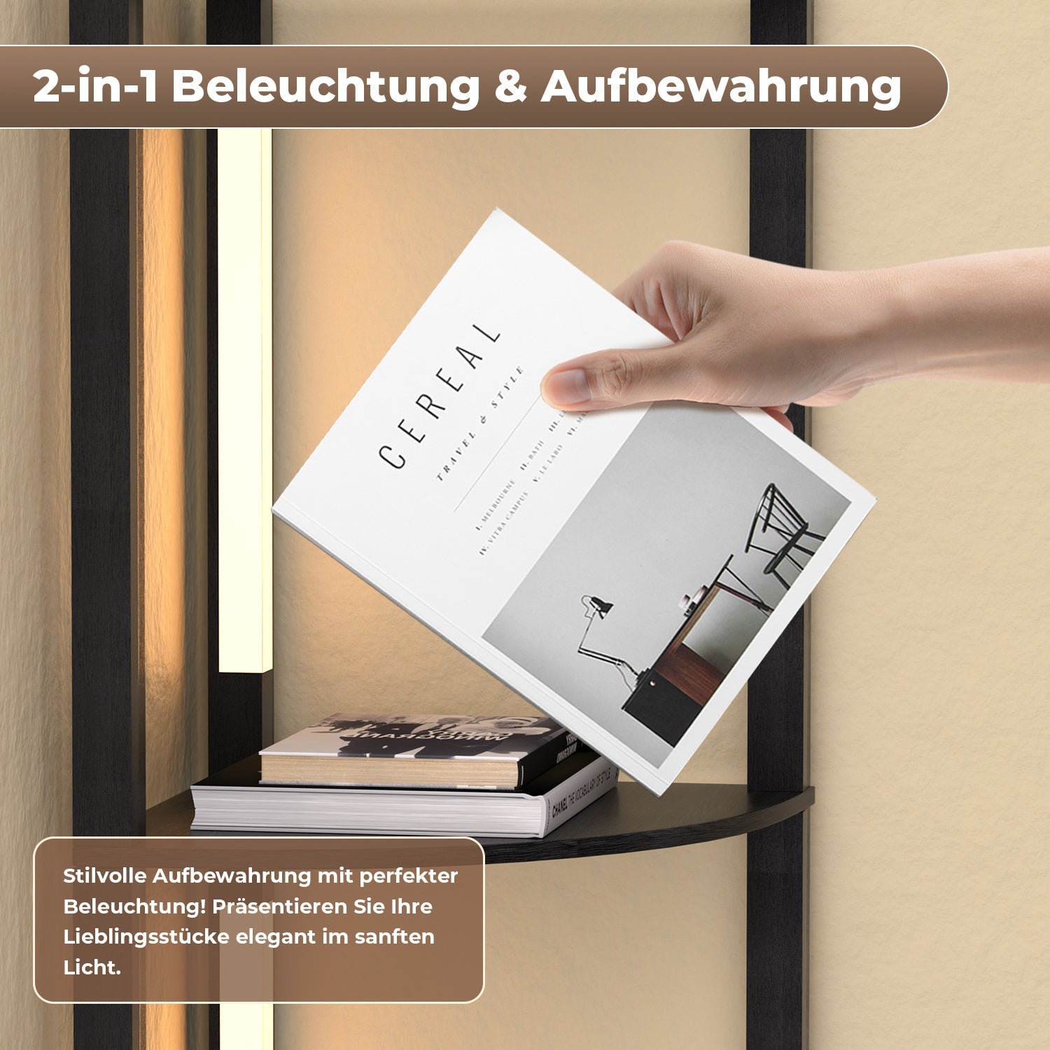 Hengda Stehlampe mit Holzregal, Bücherregal mit LED-Beleuchtung, 360° Drehbare RGB LED Stehleuchte Wohnzimmer, 3 Farbtemperaturen, 20W & 163 cm Höhe
