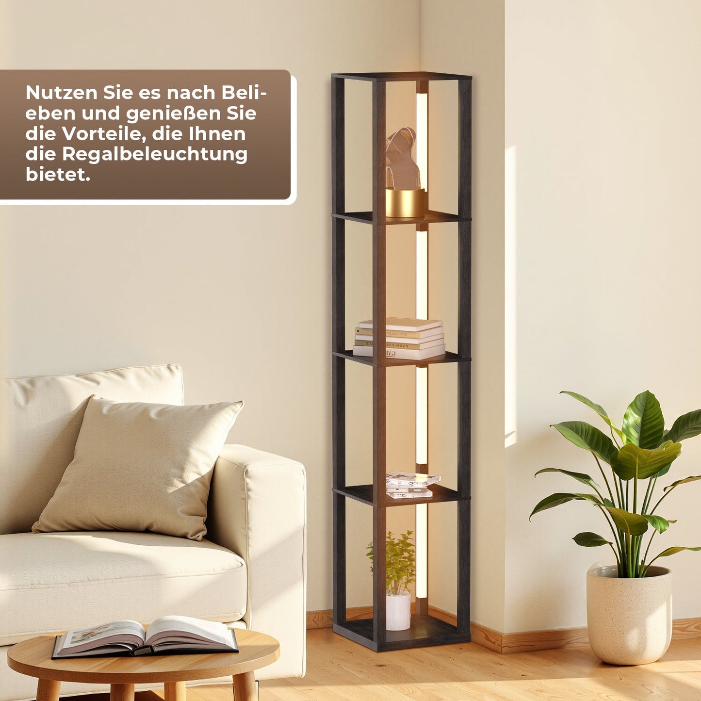 Hengda Stehlampe mit Holzregal, Bücherregal mit LED-Beleuchtung, 360° Drehbare RGB LED Stehleuchte Wohnzimmer, 3 Farbtemperaturen, 20W & 163 cm Höhe