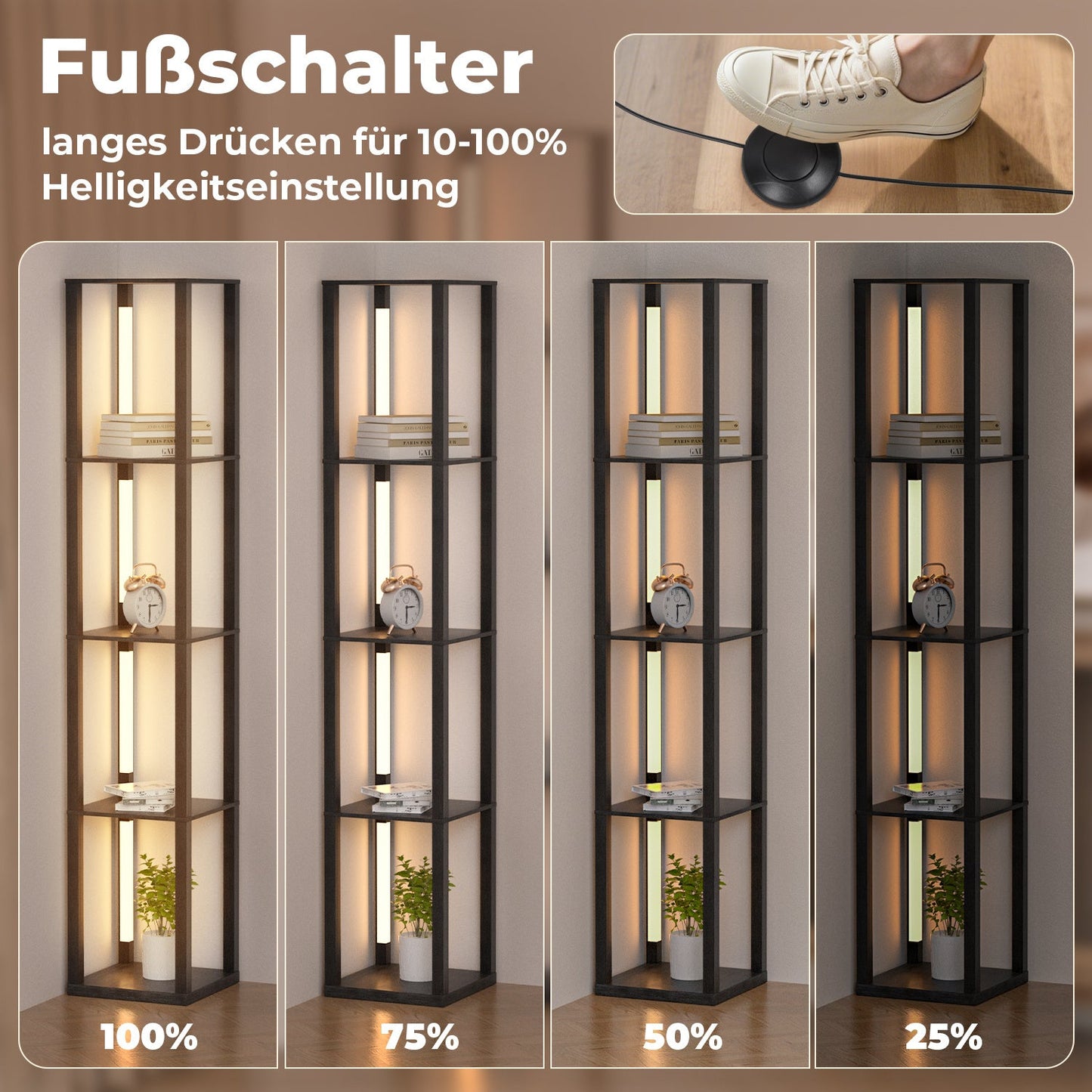 Hengda Stehlampe mit Holzregal, Bücherregal mit LED-Beleuchtung, 360° Drehbare RGB LED Stehleuchte Wohnzimmer, 3 Farbtemperaturen, 20W & 163 cm Höhe