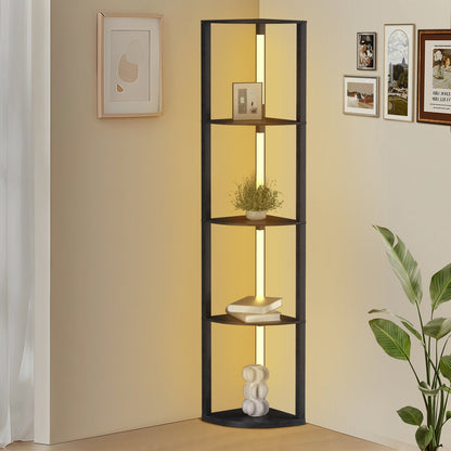 Hengda Stehlampe mit Holzregal, Bücherregal mit LED-Beleuchtung, 360° Drehbare RGB LED Stehleuchte Wohnzimmer, 3 Farbtemperaturen, 20W & 163 cm Höhe