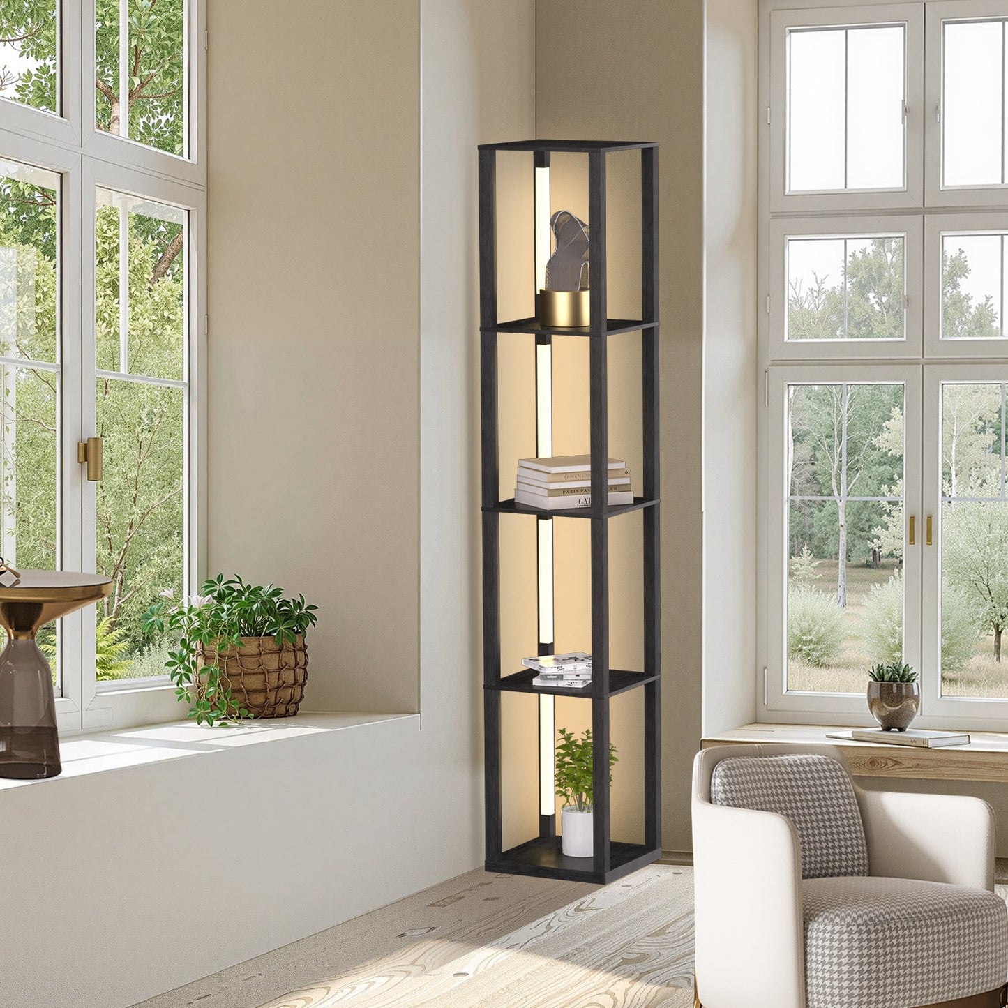 Hengda Stehlampe mit Holzregal, Bücherregal mit LED-Beleuchtung, 360° Drehbare RGB LED Stehleuchte Wohnzimmer, 3 Farbtemperaturen, 20W & 163 cm Höhe