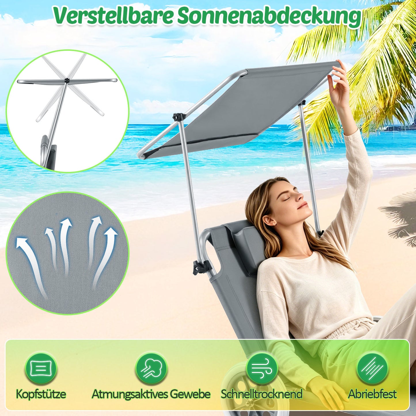 Hengda 2X Sonnenliege Klappbar, Strandliege mit Dach Rollen