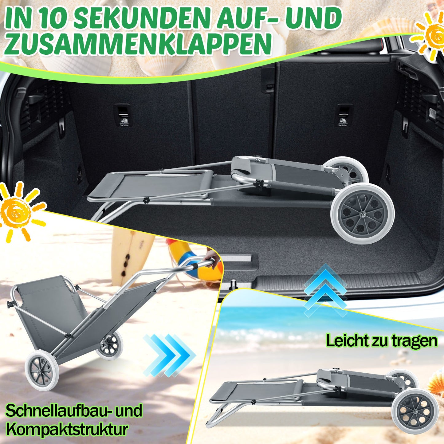 Hengda 2X Sonnenliege Klappbar, Strandliege mit Dach Rollen