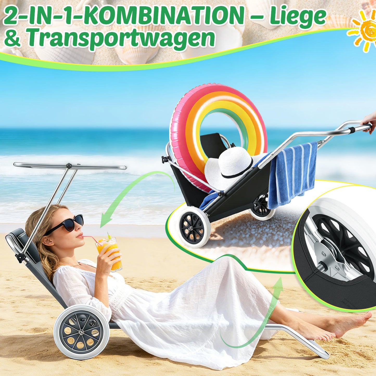 Hengda 2X Sonnenliege Klappbar, Strandliege mit Dach Rollen