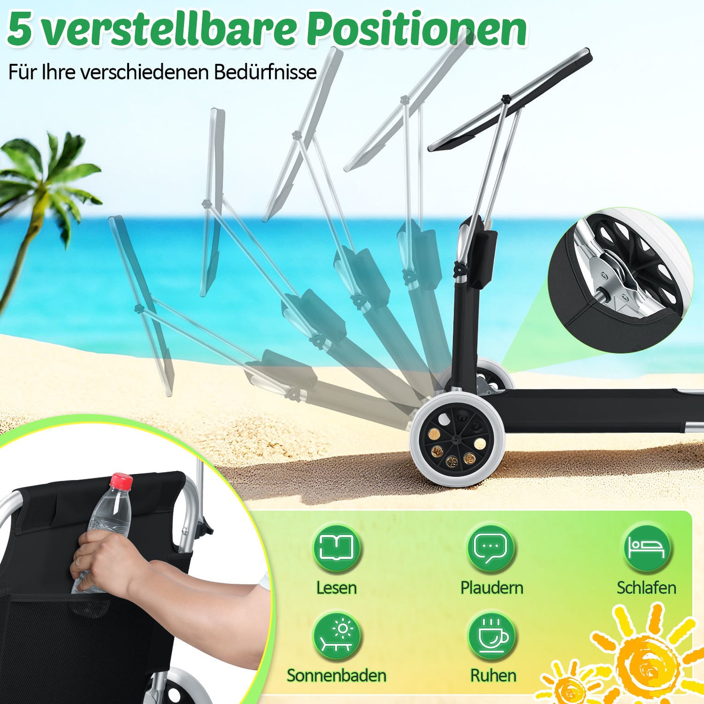 Hengda 2X Sonnenliege Klappbar, Strandliege mit Dach Rollen