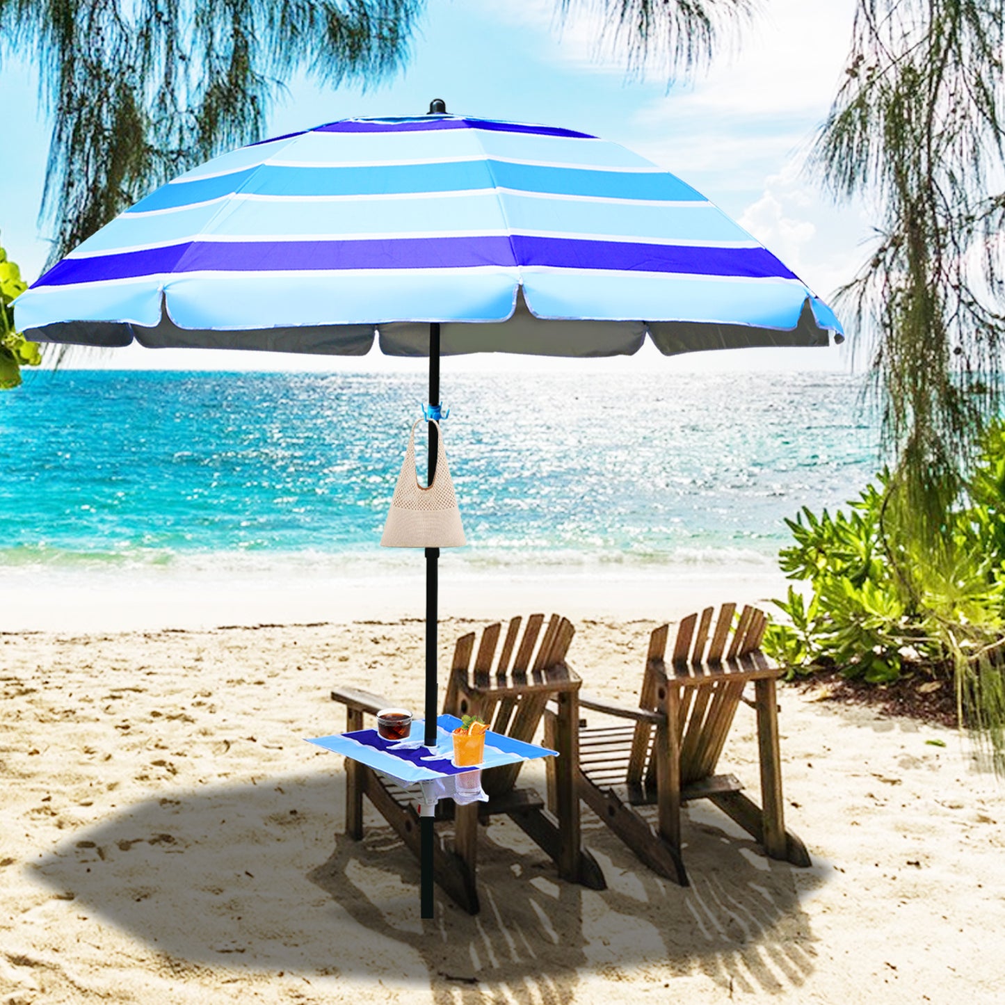 Hengda Strandschirm Sonnenschirm Strand Ø 213cm, Neigungswinkel und Höhe verstellbar, mit Tisch&Haken & Tragetasche