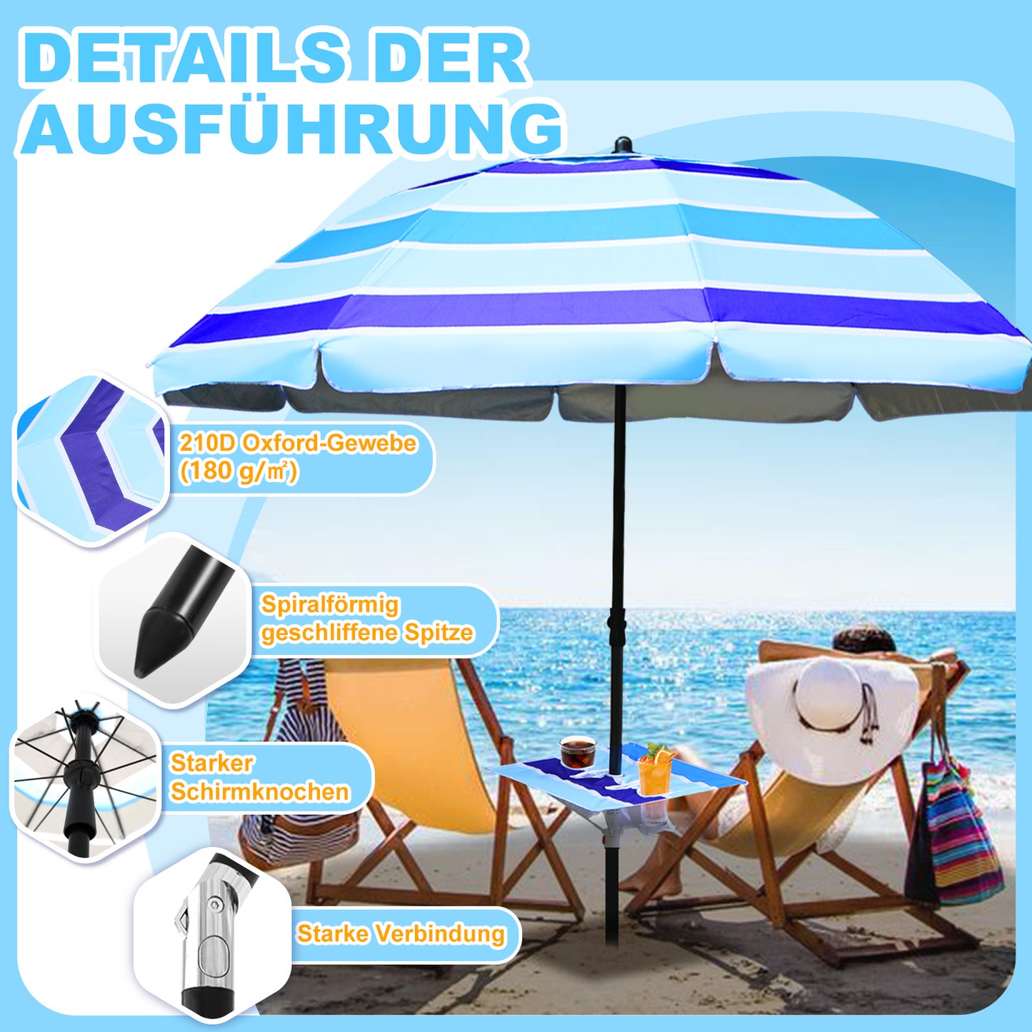 Hengda Strandschirm Sonnenschirm Strand Ø 213cm, Neigungswinkel und Höhe verstellbar, mit Tisch&Haken & Tragetasche