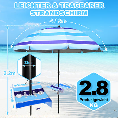 Hengda Strandschirm Sonnenschirm Strand Ø 213cm, Neigungswinkel und Höhe verstellbar, mit Tisch&Haken & Tragetasche