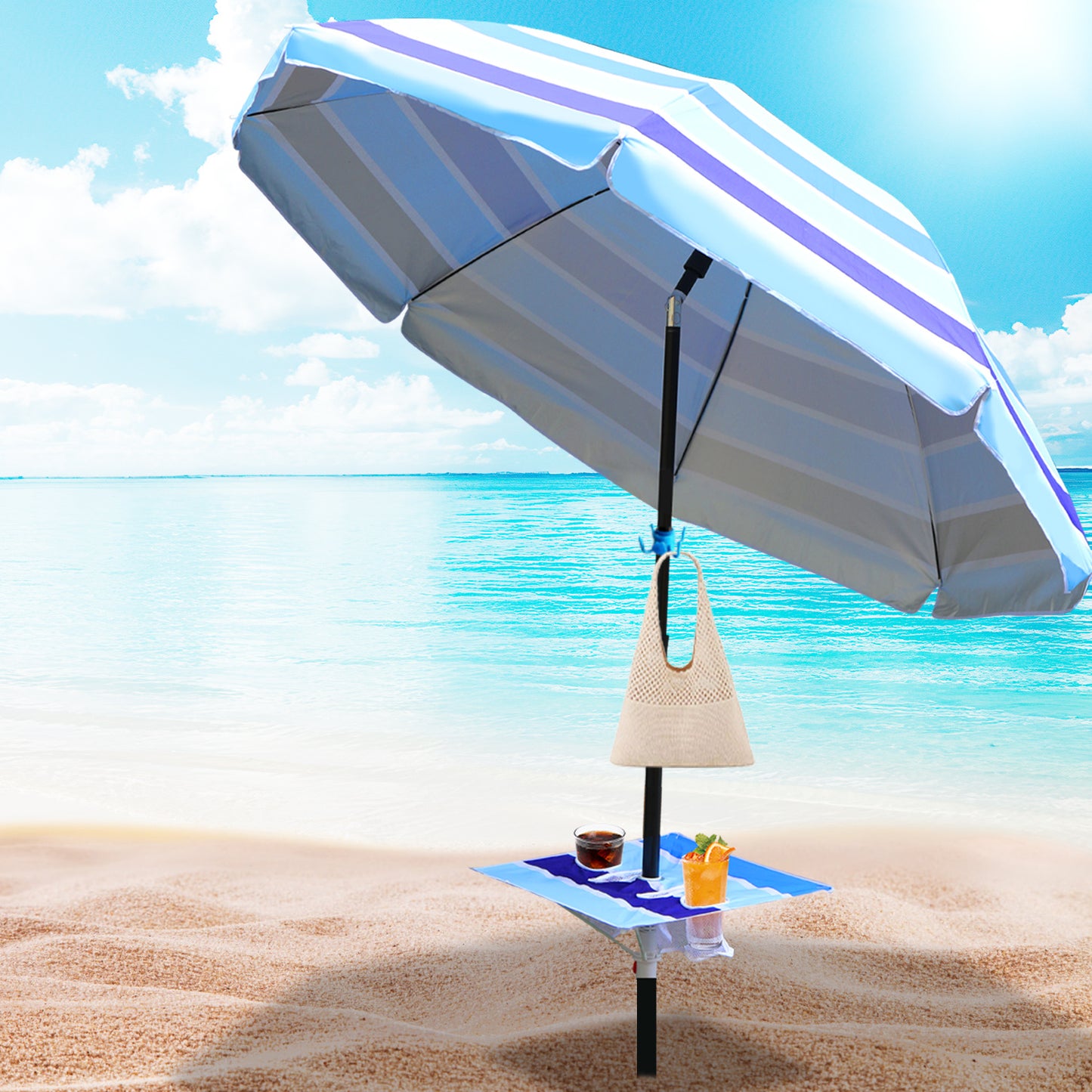 Hengda Strandschirm Sonnenschirm Strand Ø 213cm, Neigungswinkel und Höhe verstellbar, mit Tisch&Haken & Tragetasche