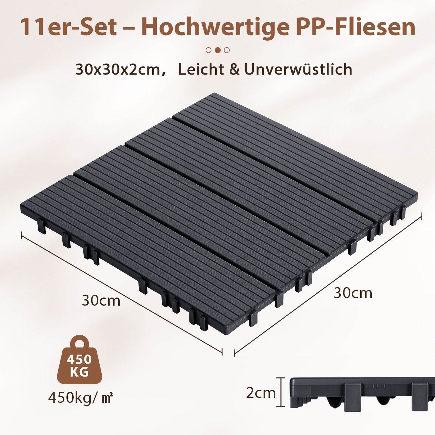 Hengda 30x30cm PP Terrassenfliesen, Kunststoff-Bodenbelag