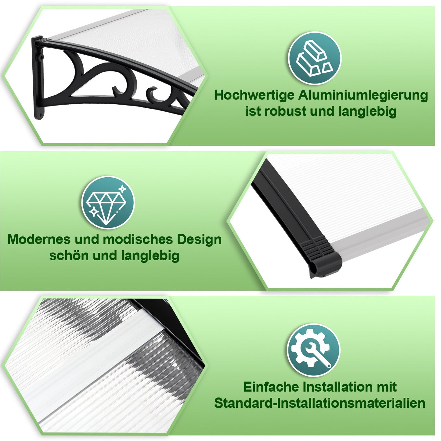 Hengda Vordach für Haustür, 5 mm Überdachung, Transparentes Pultbogenvordach, Polycarbonat Pultvordach, Türdach für draußen