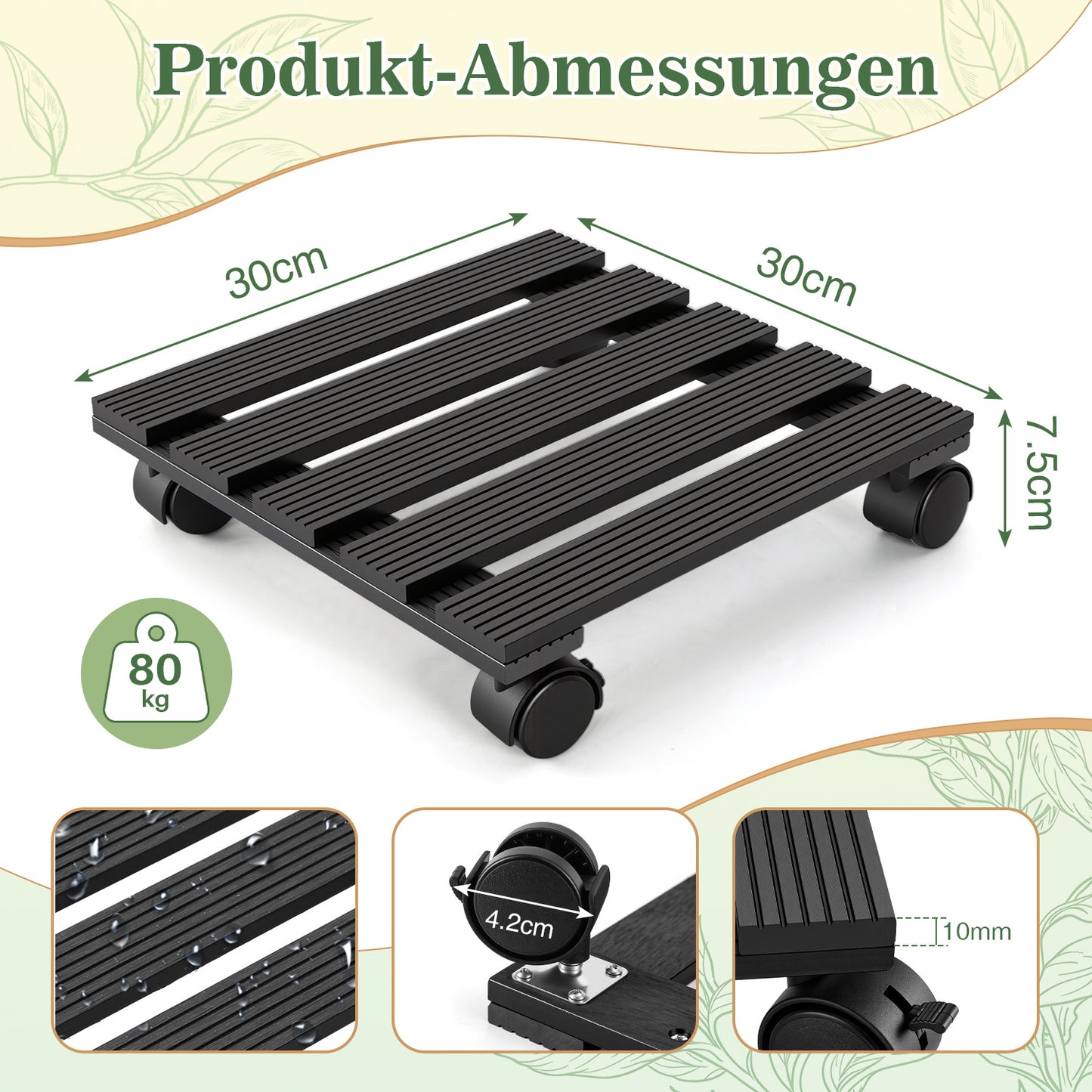 Hengda WPC Pflanzenroller, Eckig Rollbretter für Pflanzen, Rolluntersetzer