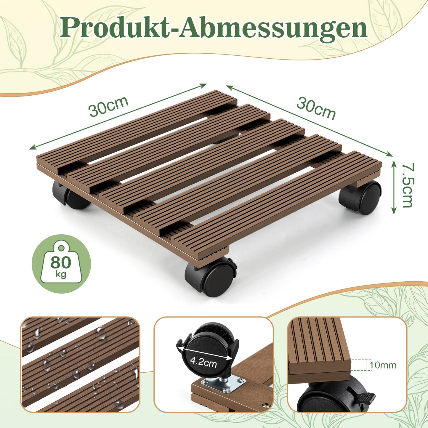 Hengda WPC Pflanzenroller, Eckig Rollbretter für Pflanzen, Rolluntersetzer