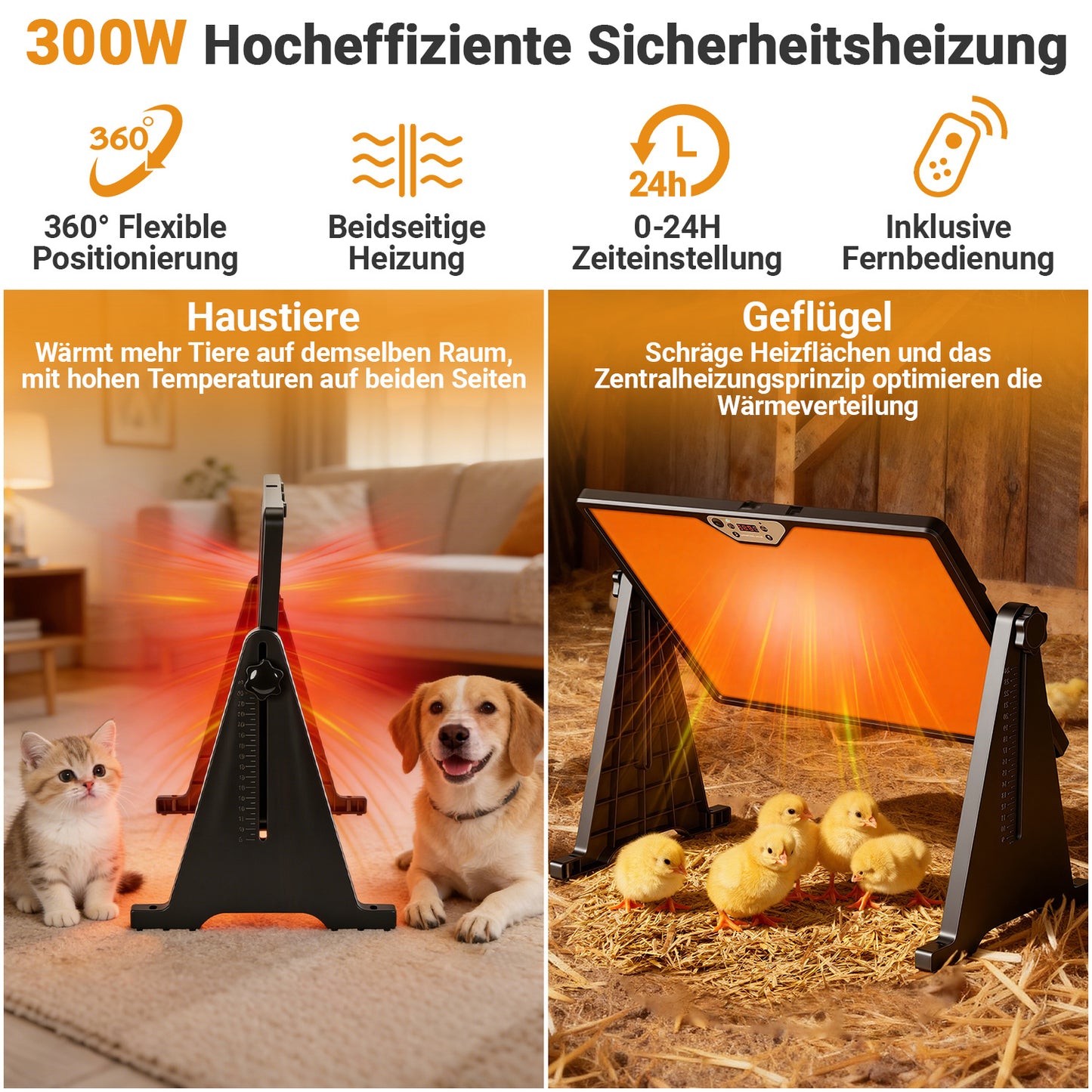 Hengda Wärmeplatte Küken 300W, 30-75°C Hühnerstall Heizung, Doppelseitige Höhenverstellbar