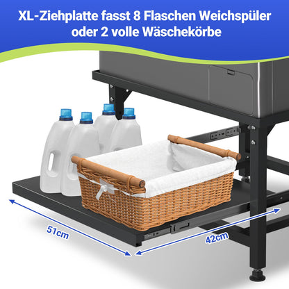 Hengda Waschmaschinen Untergestell mit Ausziehbarem Regal, 3 höhenverstellbar Waschmaschinen Sockel, 150kg Tragfähigkeit Podest für Trockner, Kühlschrank