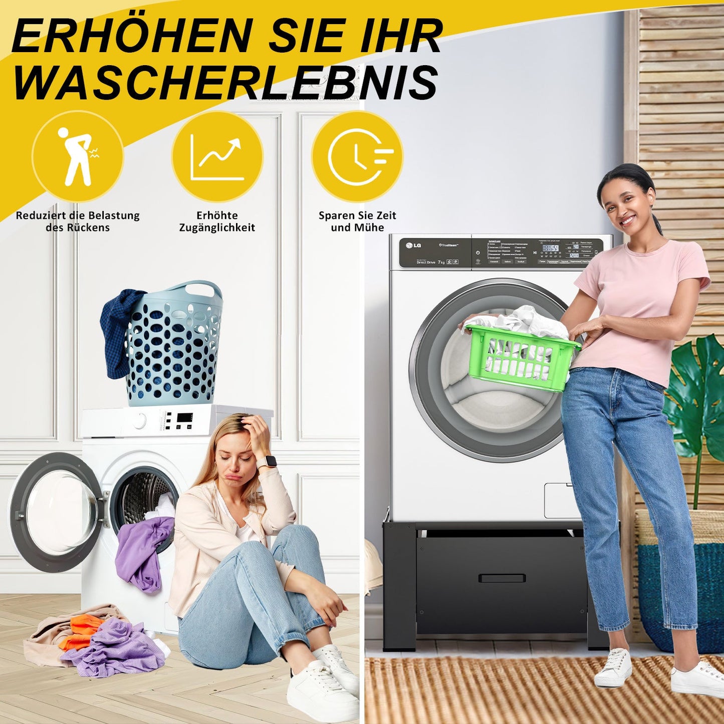 Hengda Waschmaschinen Untergestell mit Schublade, Schwarz Verstellbares Podest für Trommelwäschetrockner und Gefrierschrank Rahmen