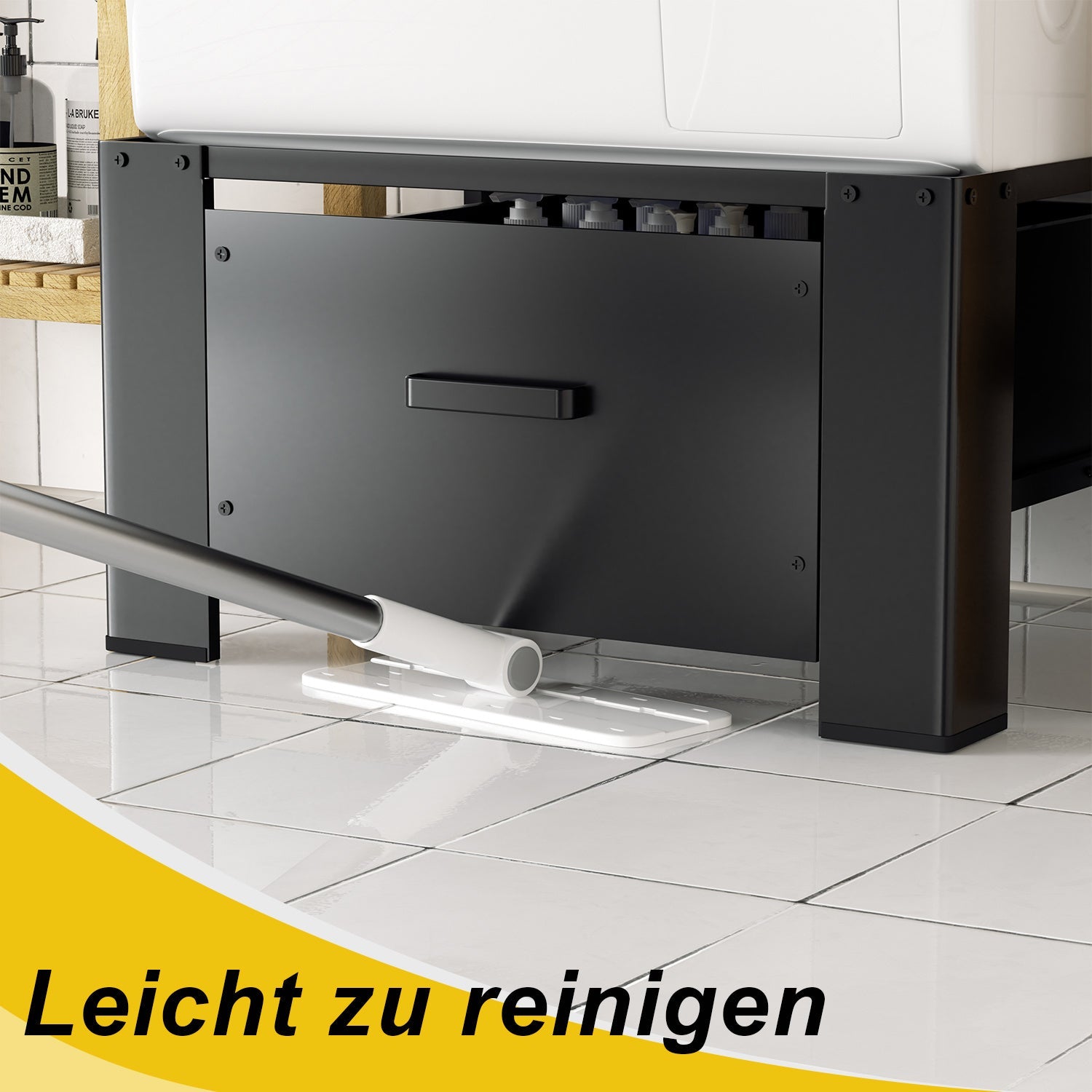 Hengda Waschmaschinen Untergestell mit Schublade, Schwarz Verstellbares Podest für Trommelwäschetrockner und Gefrierschrank Rahmen