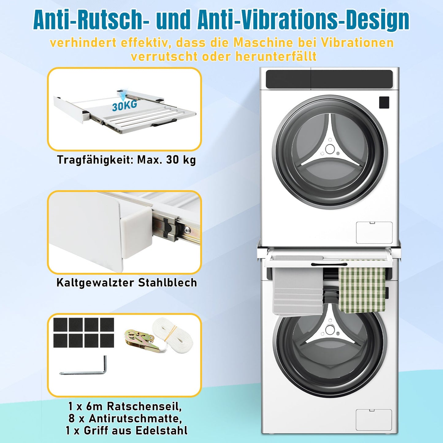 Hengda Zwischenbaurahmen mit Ausziehplatte, Universell Verbindungsrahmen für Waschmaschine und Trockner, Stapelset mit Handtuchhalter