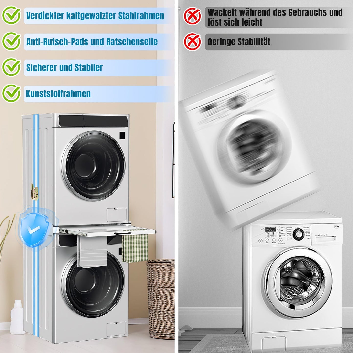Hengda Zwischenbaurahmen mit Ausziehplatte, Universell Verbindungsrahmen für Waschmaschine und Trockner, Stapelset mit Handtuchhalter