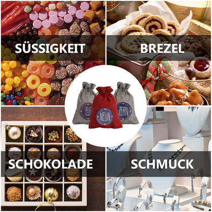 Hengda 24 Adventskalender zum Befüllen Stoffbeutel Weihnachten Geschenksäckchen mit Aufkleber Mini-Holzklammern Hanfseile Weihnachtskalender tüten Geschenkbeutel 22 x 15 cm