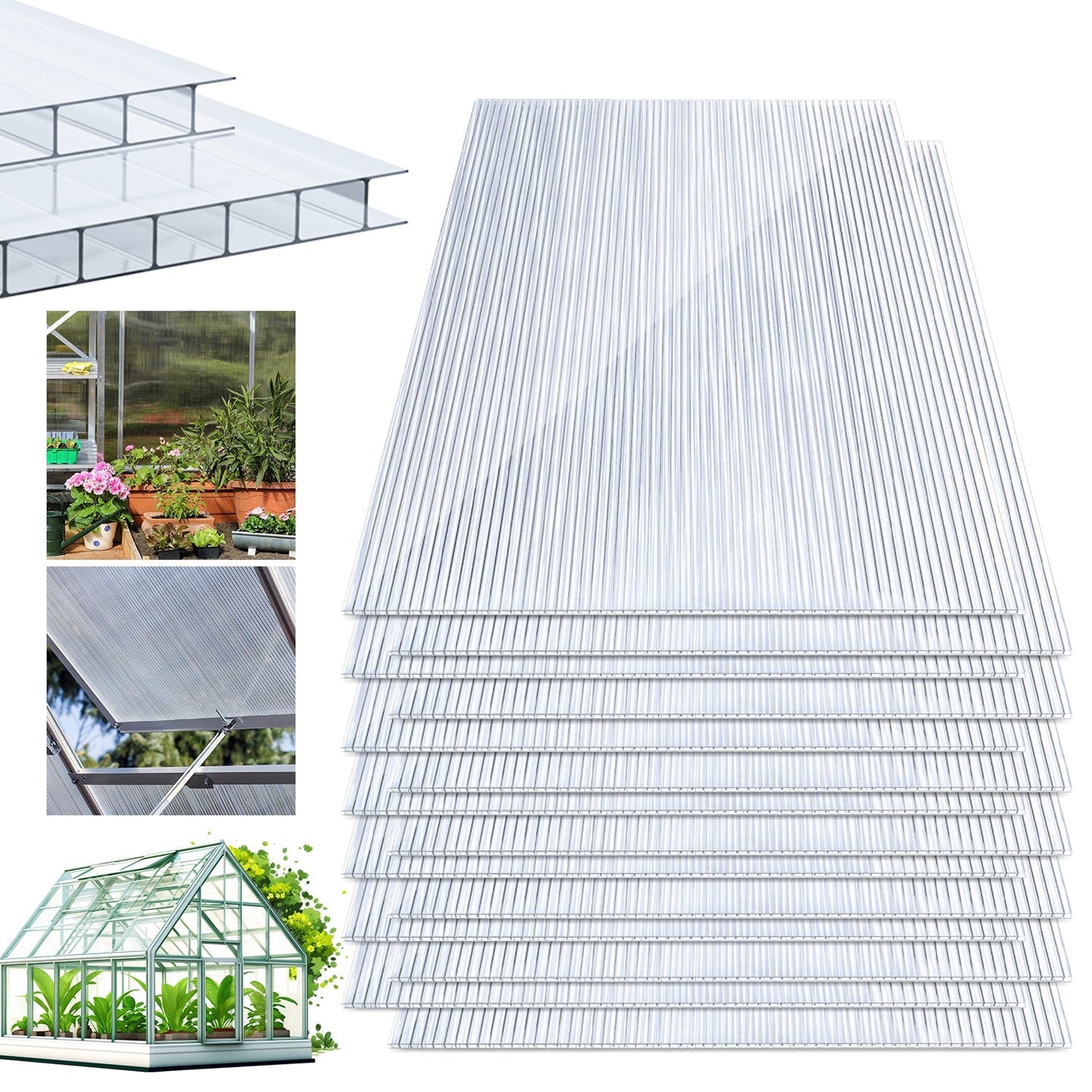 Hengda 14x Hohlkammerplatten 4 mm Transparent | Doppelstegplatten Gewächshaus | Polycarbonat Treibhausplatten 60.5 x 121cm | 10,25 m², für Frühbeet, Garten & Überdachung