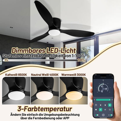 Hengda Deckenventilator Mit Beleuchtung, 132cm, LED Ventilator Deckenlampe, Umkehrsfunktion, 6 Geschwindigkeiten