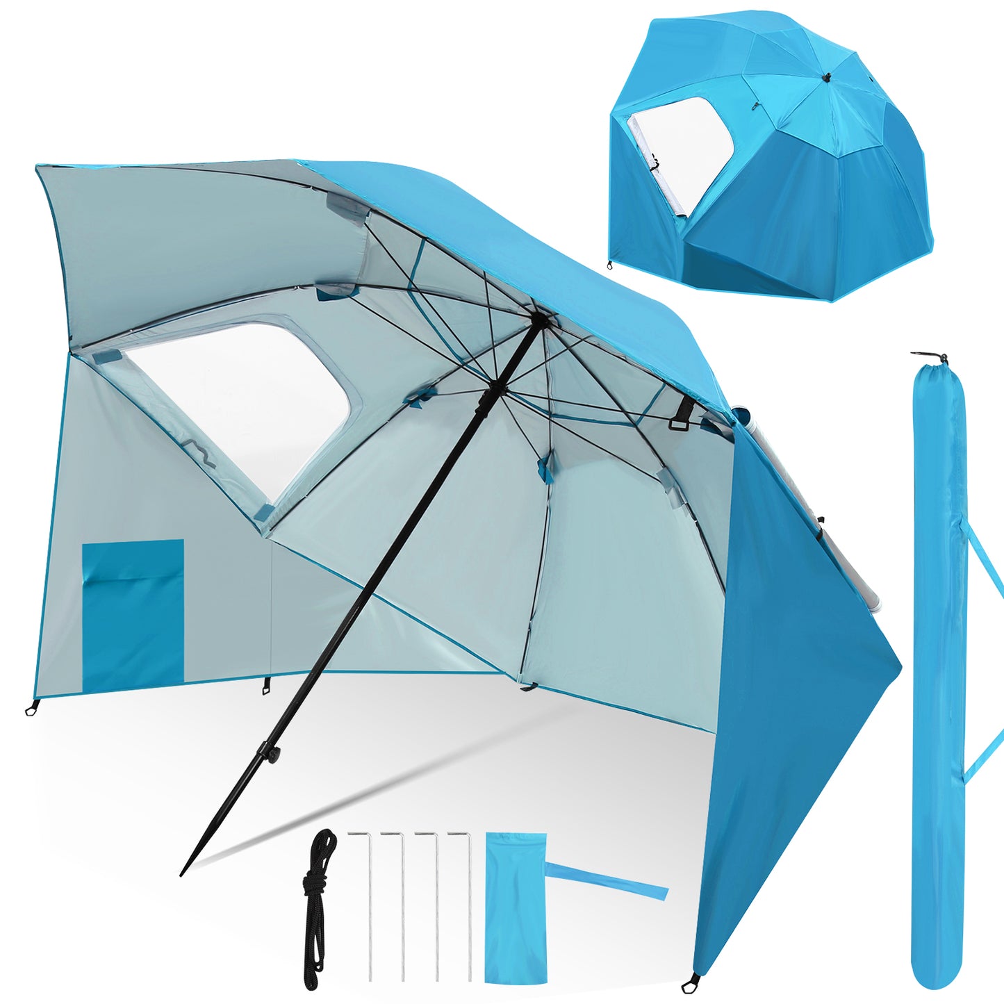Hengda 2-in-1 Alu Strandschirm, Strandmuschel & Sonnenschirm Ø210×220 cm UV50+, mit Windschutz, faltbar & leicht