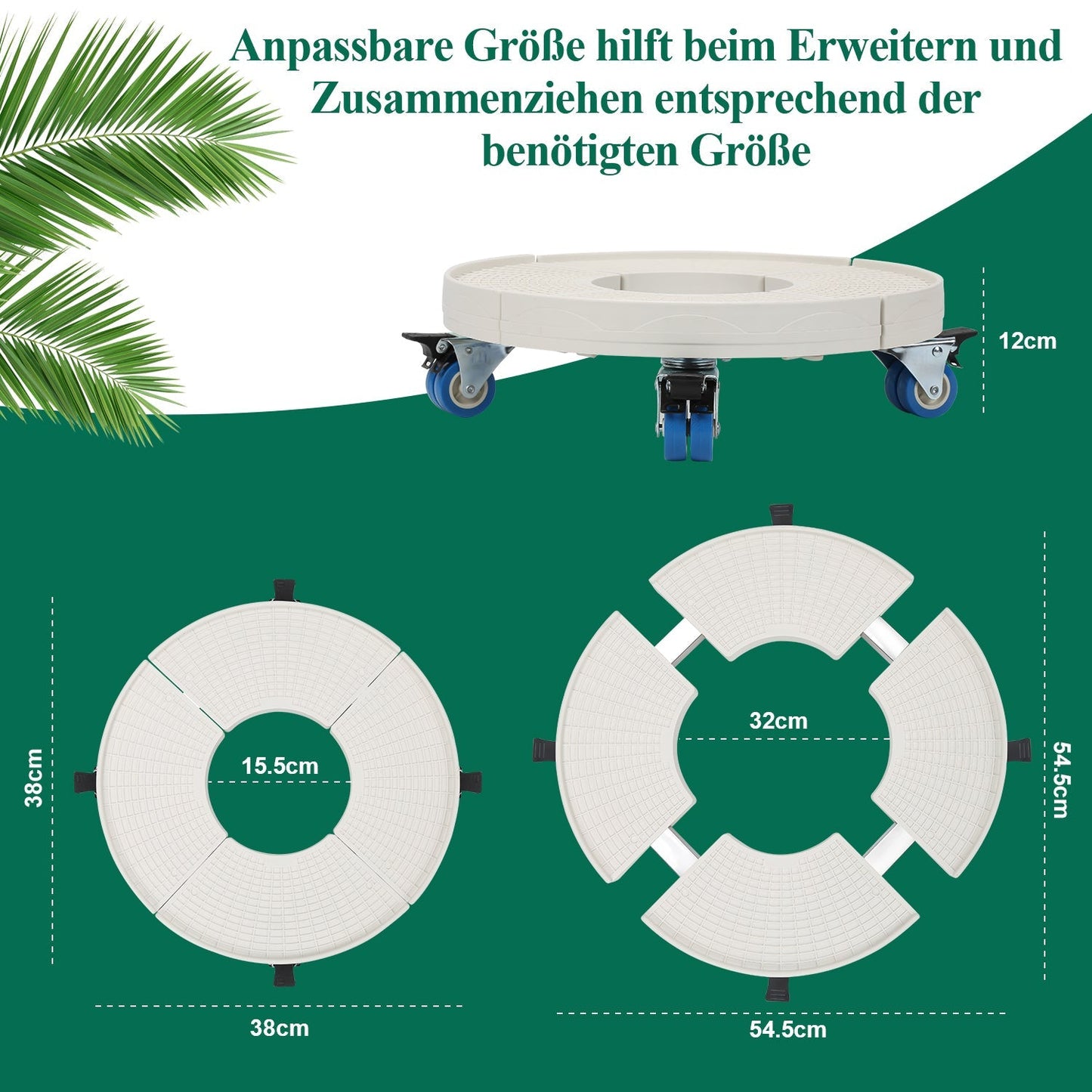 Hengda Pflanzenroller rund mit Handschuhen, Ø 38cm bis 52cm, Blumentopf Rolluntersetzer mit Rollen Blumenroller