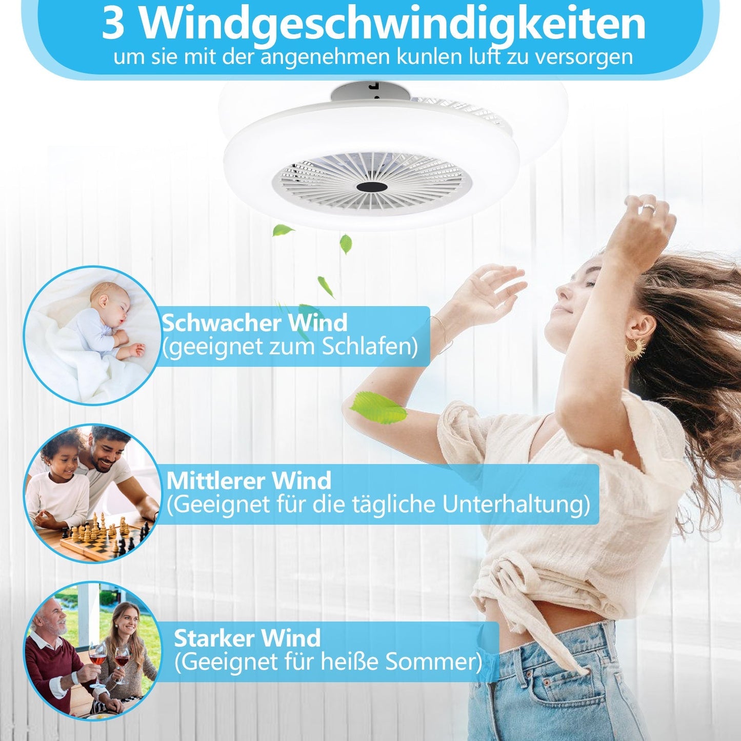 Hengda LED Deckenventilator mit Beleuchtung Ø55 cm | 80 W Deckenleuchte mit Ventilator & Fernbedienung | 3 Windgeschwindigkeiten, 3 Lichtfarben | Leiser Deckenventilator für Wohnzimmer & Schlafzimmer