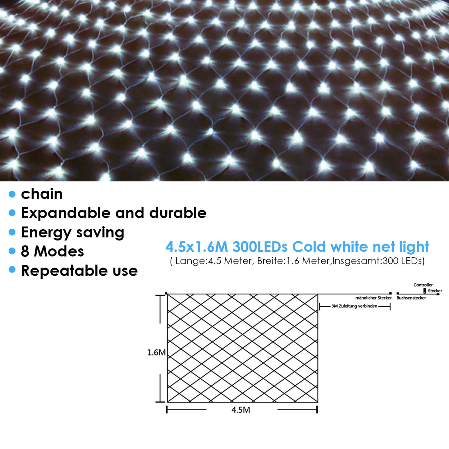 Hengda LED Lichternetz Lichtervorhang Lichterkette Außenlichterkette Strip 8 Modi