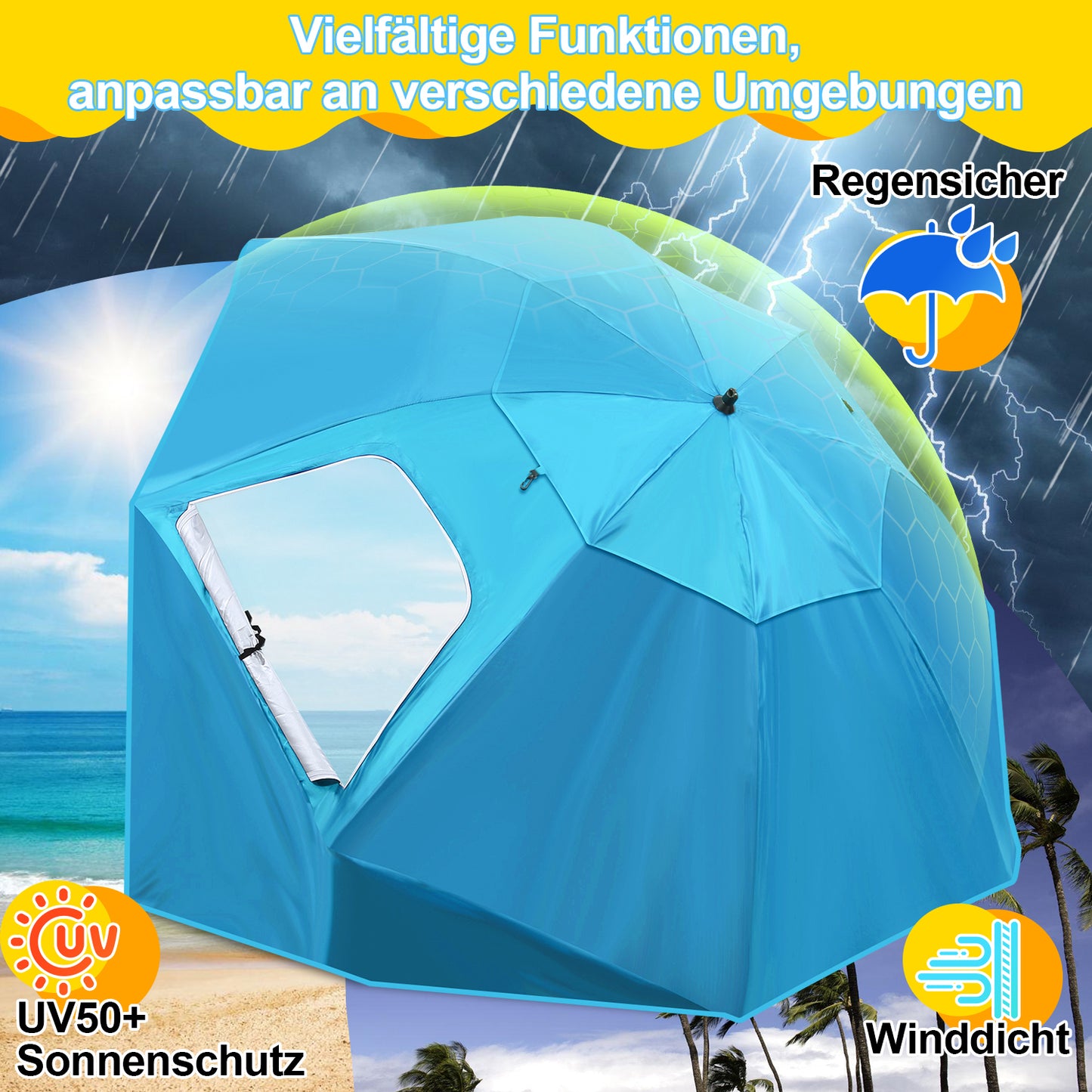 Hengda 2-in-1 Alu Strandschirm, Strandmuschel & Sonnenschirm Ø210×220 cm UV50+, mit Windschutz, faltbar & leicht