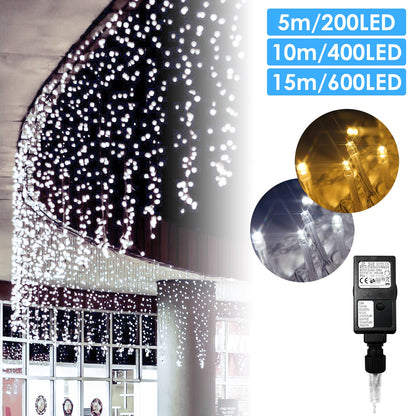 Hengda 10m/15m/20m LED Eisregen 8 Modi Lichtervorhang Lichterkette 200/400/600 LEDs