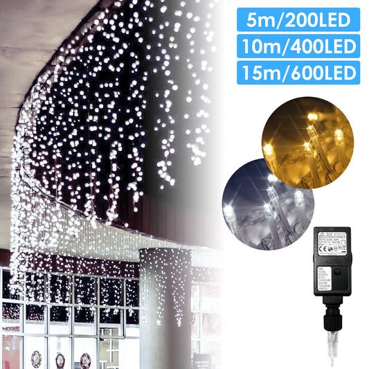 Hengda 10m/15m/20m LED Eisregen 8 Modi Lichtervorhang Lichterkette 200/400/600 LEDs