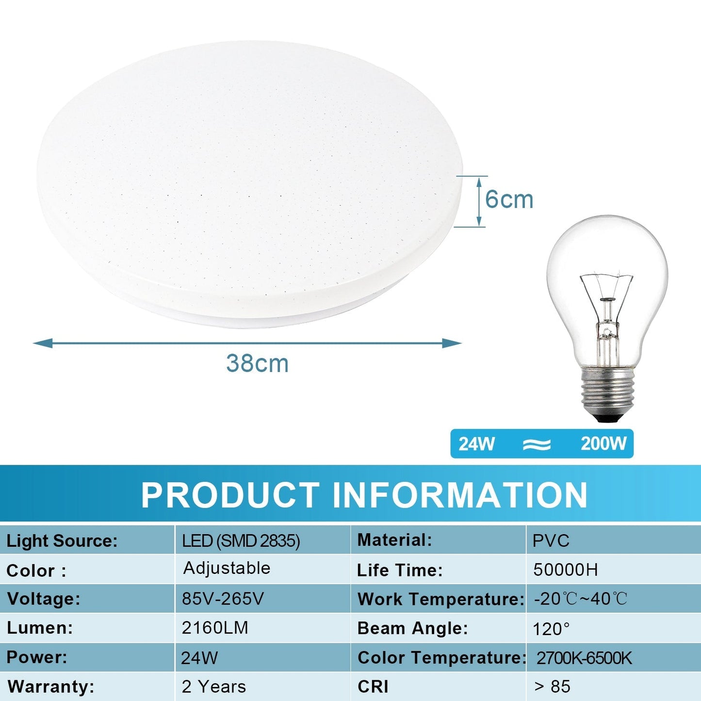 Hengda 24W Led Deckenleuchte Dimmbar, Sternenhimmel Deckenlampe, mit Fernbedienung, 2160LM, 2700-6500K, IP44
