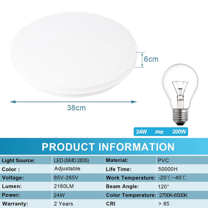 Hengda 24W Led Deckenleuchte Dimmbar, Sternenhimmel Deckenlampe, mit Fernbedienung, 2160LM, 2700-6500K, IP44