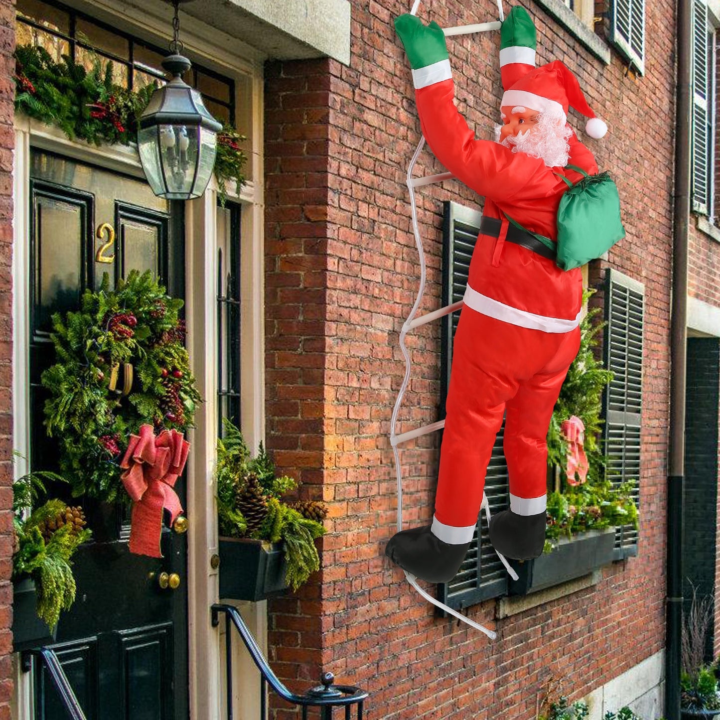 Hengda Weihnachtsmann auf Leiter 120cm mit 80 LED beleuchtet Weihnachts Deko Kletternder Nikolaus für Innen- und Außen