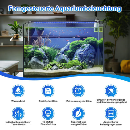 Hengda Aquarium LED Beleuchtung 24/7 Modus | Vollspektrum Aufsetzleuchte 55–150 cm | Dimmbare Aquariumlampe mit Timer & Fernbedienung für Süß- & Meerwasser