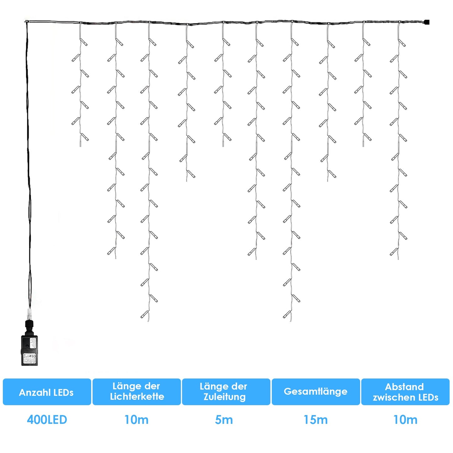 Hengda 10m/15m/20m LED Eisregen 8 Modi Lichtervorhang Lichterkette 200/400/600 LEDs