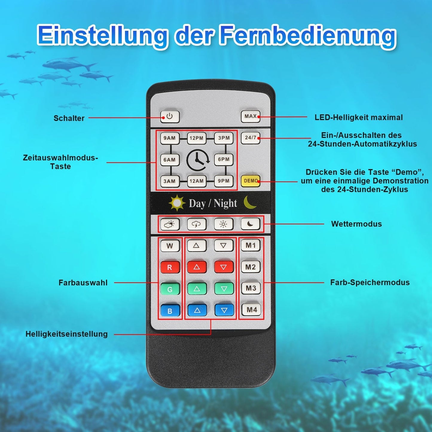 Hengda Aquarium LED Beleuchtung 24/7 Modus | Vollspektrum Aufsetzleuchte 55–150 cm | Dimmbare Aquariumlampe mit Timer & Fernbedienung für Süß- & Meerwasser