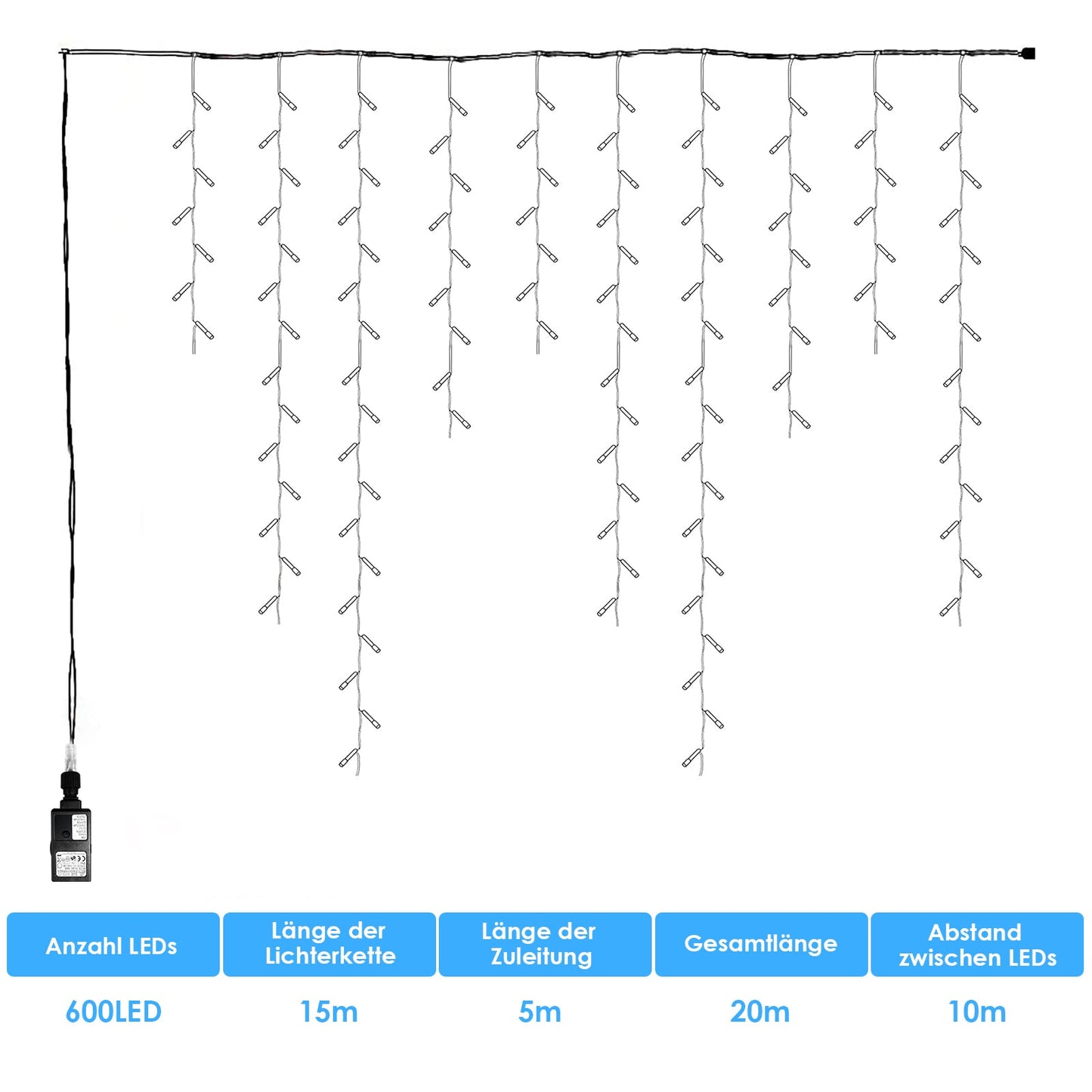 Hengda 10m/15m/20m LED Eisregen 8 Modi Lichtervorhang Lichterkette 200/400/600 LEDs